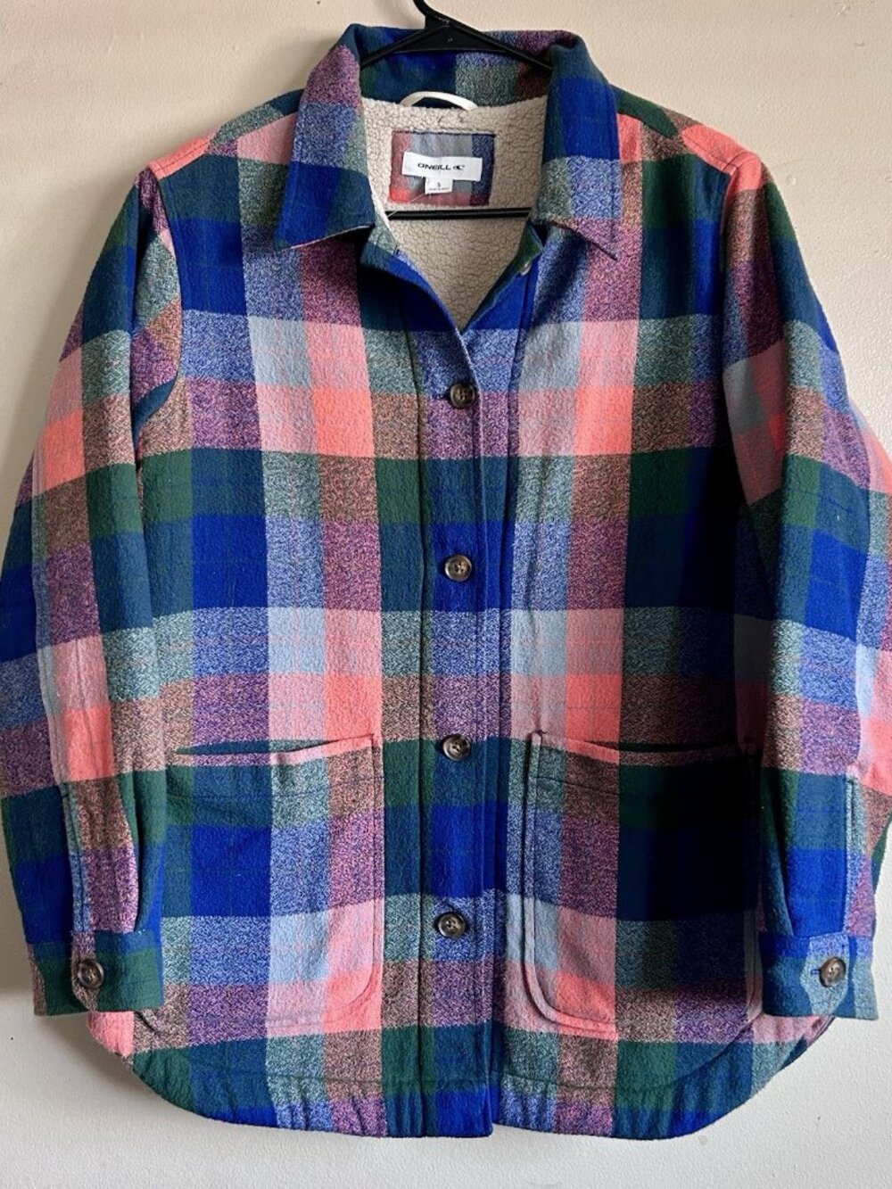 O'Neill Petrina Plaid Shacket Women's Small Pink Blue Fleece Lined Coat